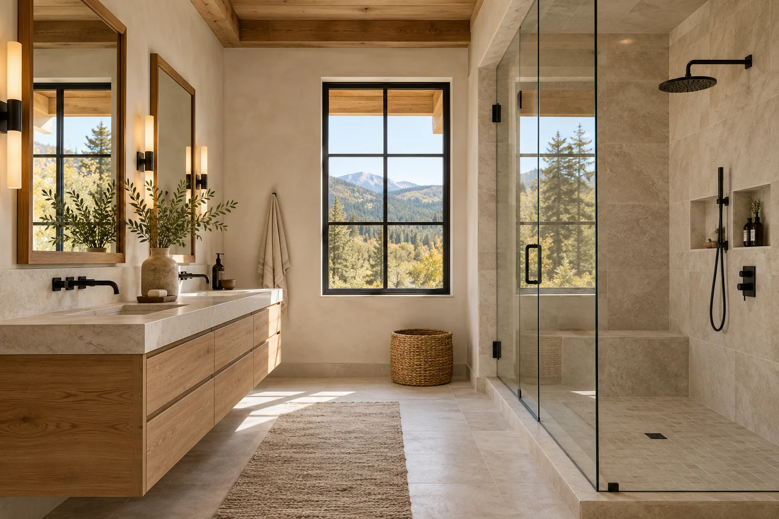 Design inspiration: bathroom with a wood vanity, walk-in glass shower and mountain-facing window.