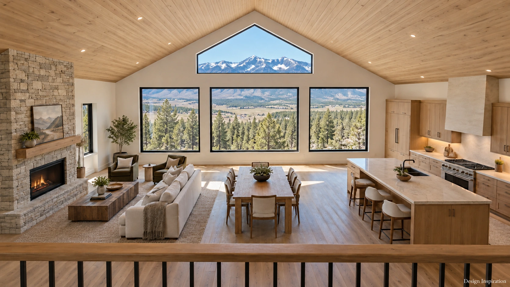 AI-generated barndominium design inspiration viewed from an upstairs balcony, overlooking a stone fireplace, living and dining areas, an open kitchen, and mountain-facing windows beneath a wood gable ceiling.