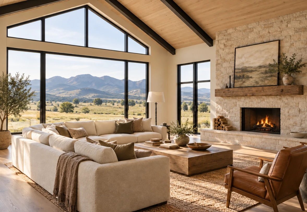Design inspiration: sunlit barndominium living room with a cream sectional, stone fireplace, wood ceiling, and mountain-facing windows