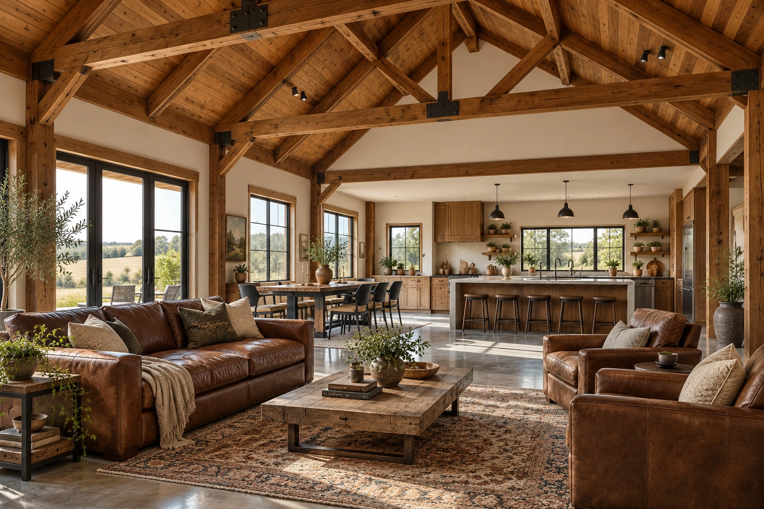 Design inspiration: timber-framed great room with a leather sofa, two leather chairs, a rustic coffee table, and an open kitchen beneath a white ceiling with three pendant lights.