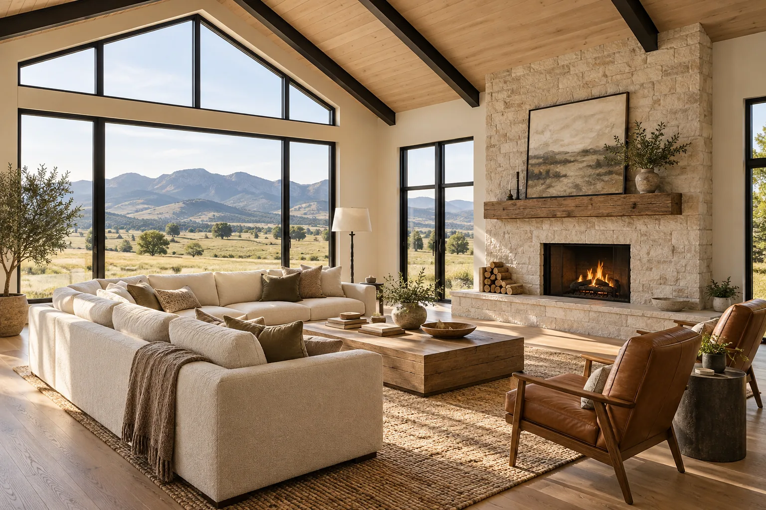 Design inspiration: finished living room with vaulted wood ceiling and stone fireplace