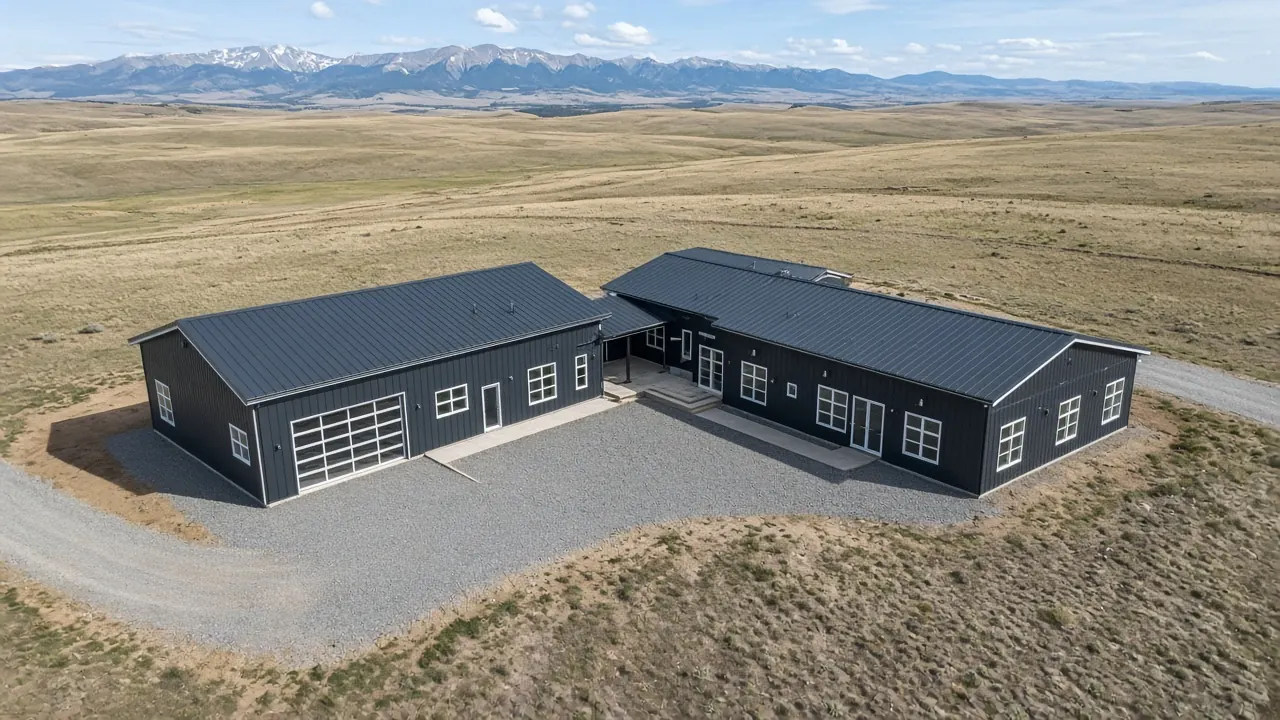 Design inspiration: aerial view of an L-shaped dark building with multiple garage doors on open land.
