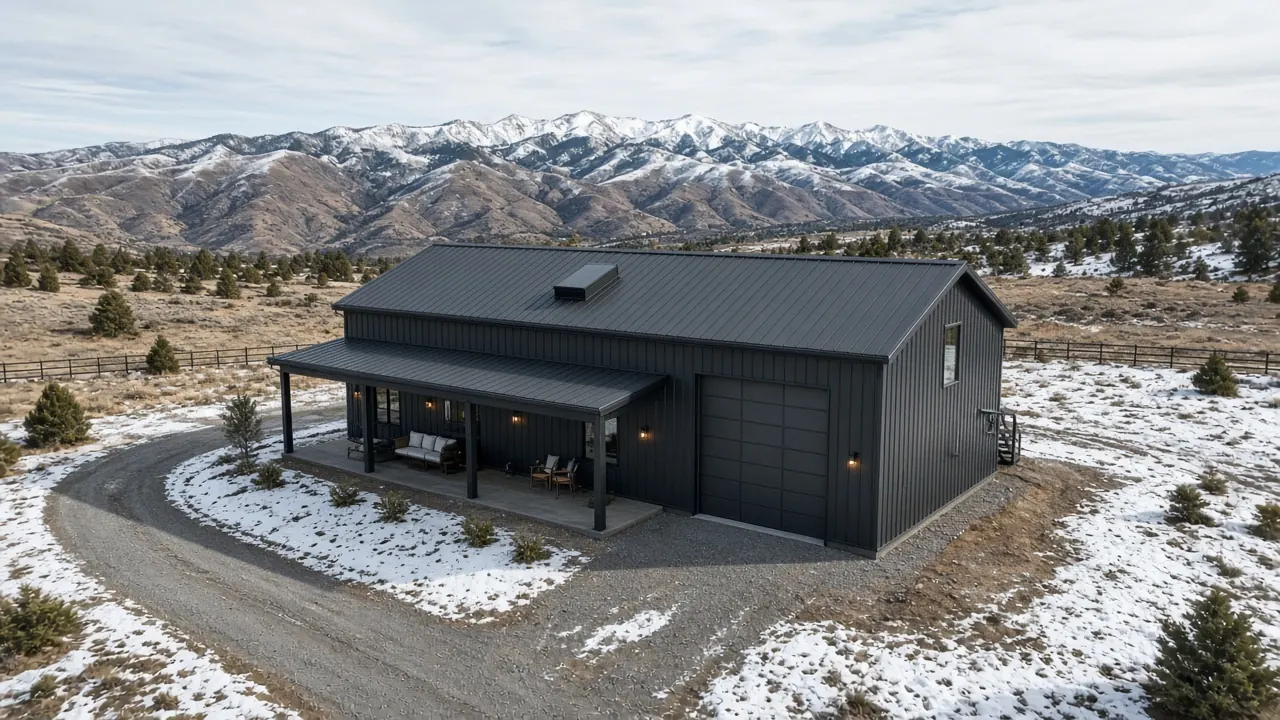 Design inspiration: aerial view of a dark barndominium and curved driveway on snow-dusted land.