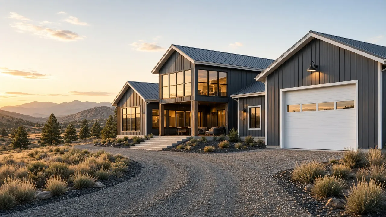 Design inspiration: two-story barndominium exterior with tall windows and an attached garage.