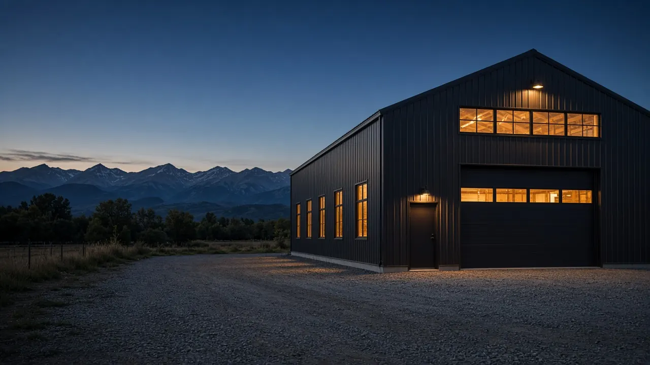 Design inspiration: dark shop building with an illuminated upper window at dusk.