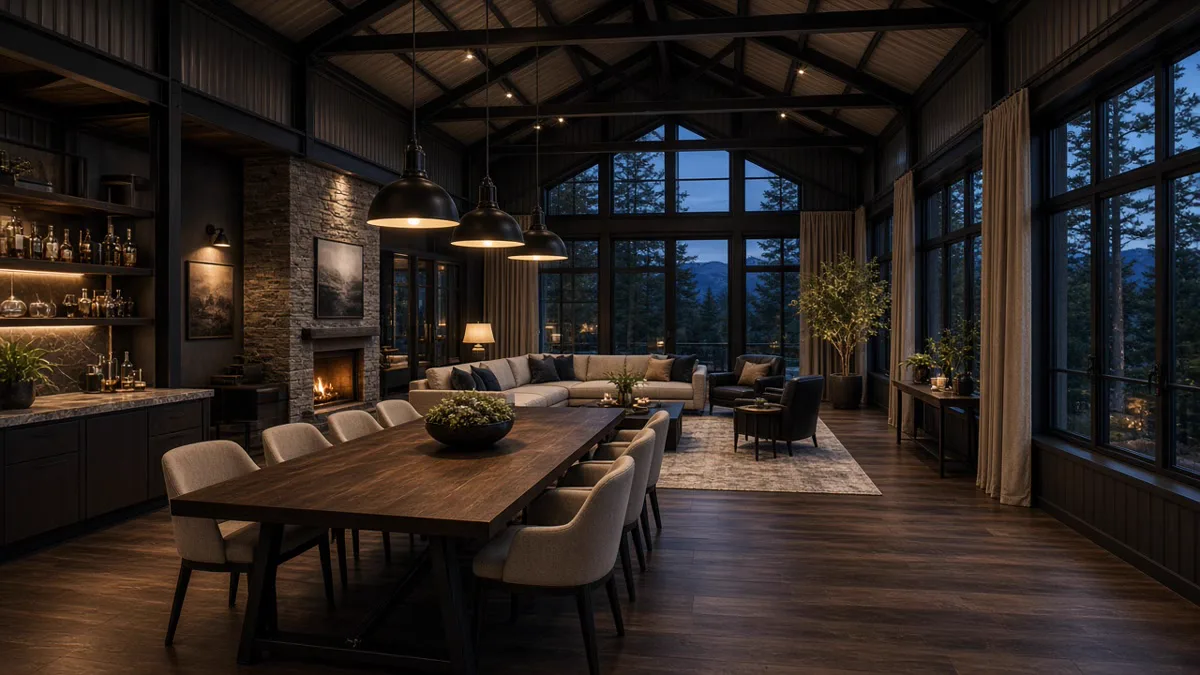 Design inspiration: finished living and dining room with exposed ceiling beams and large windows