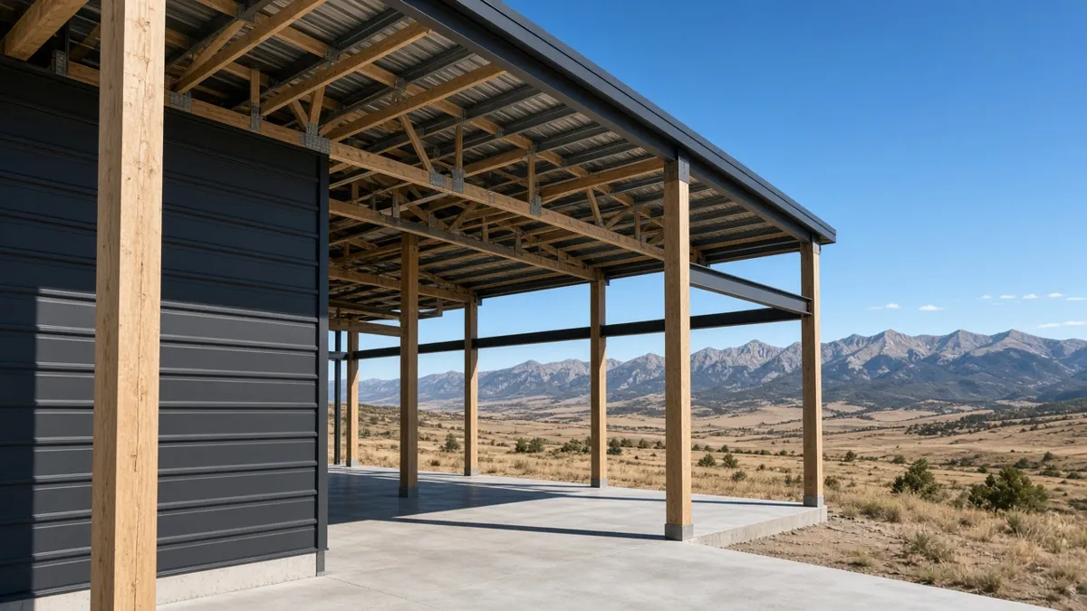 Design inspiration: timber posts and exposed roof framing beside charcoal cladding