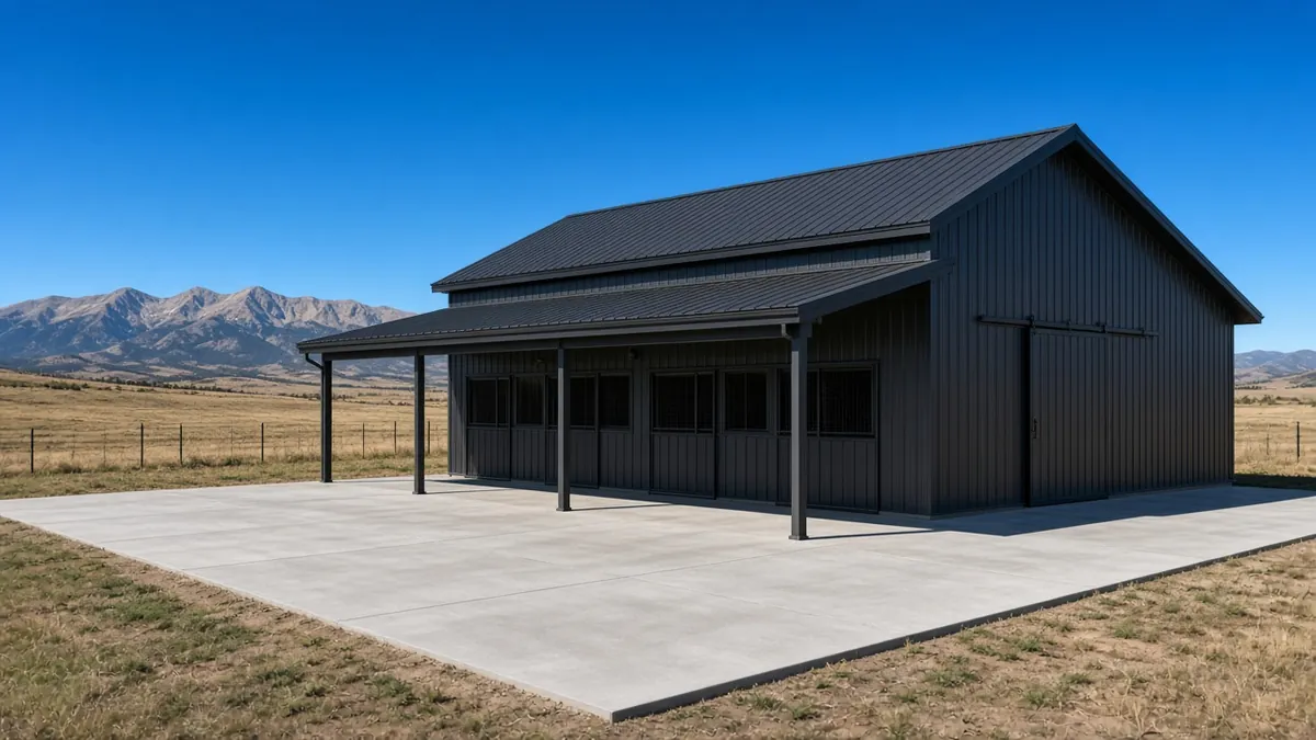 Design inspiration: charcoal agricultural building with covered side bays