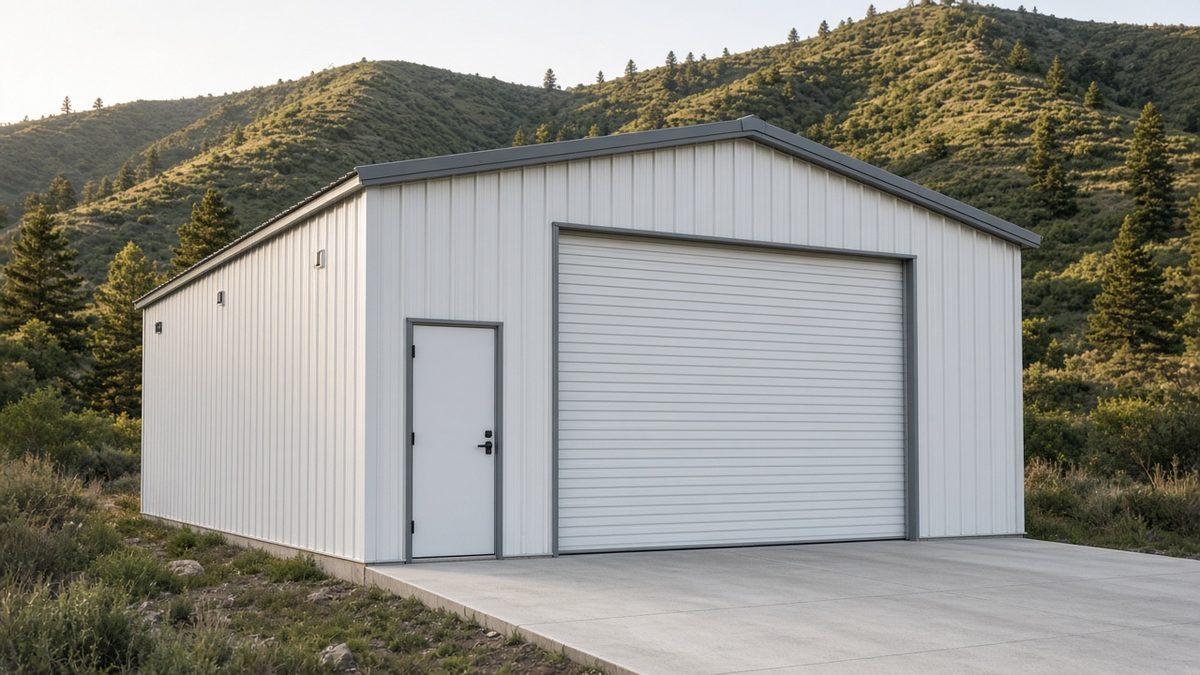 White metal RV garage with charcoal trim, tall roll-up door, and side entry on a concrete apron in dry foothills.