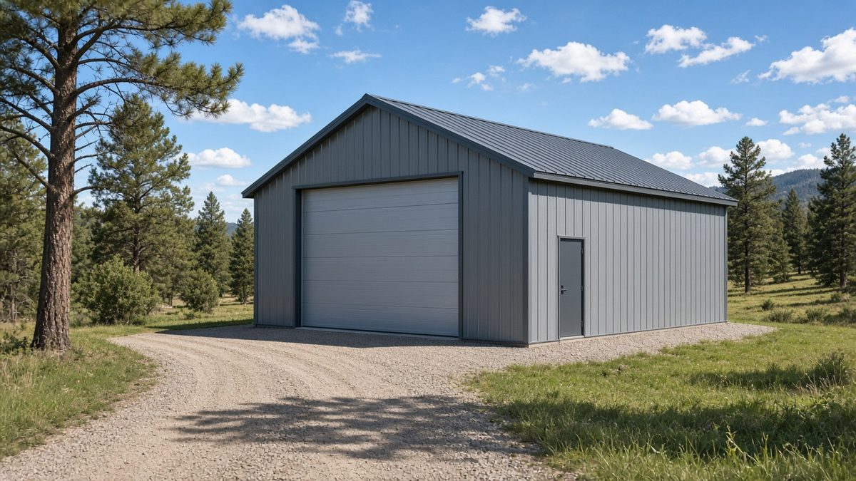 Charcoal metal RV garage with tall roll-up door and gravel approach in a grassy pine clearing.