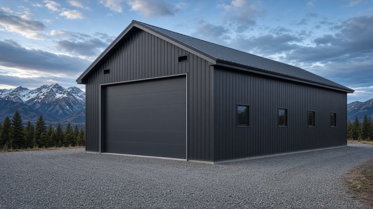 Charcoal metal RV garage with tall roll-up door and side windows on a gravel pad against snow-capped mountains at blue hour.