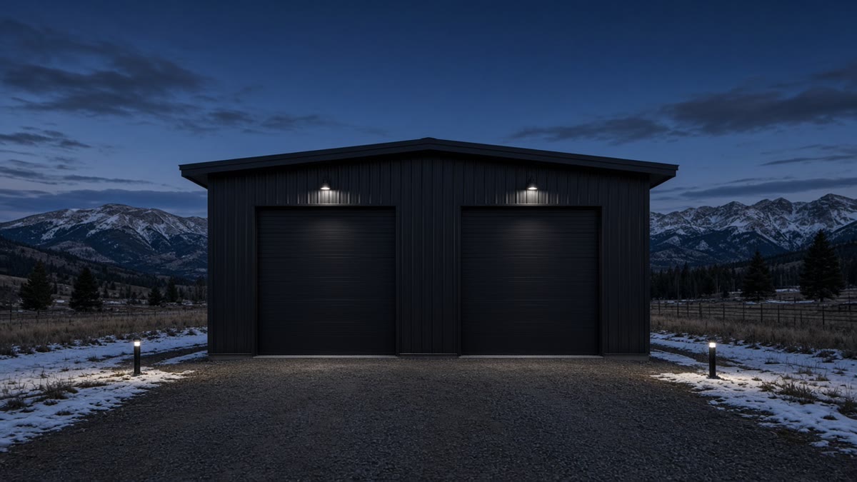 Dual-bay black metal RV garage with lit roll-up doors on a gravel approach at dusk with mountain backdrop.