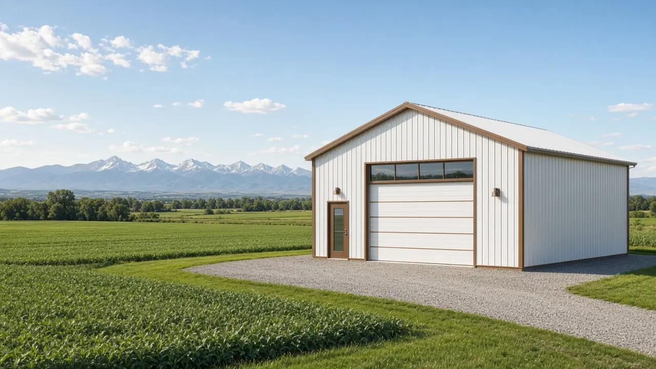 Design inspiration: white metal garage with a wide overhead door beside green fields.