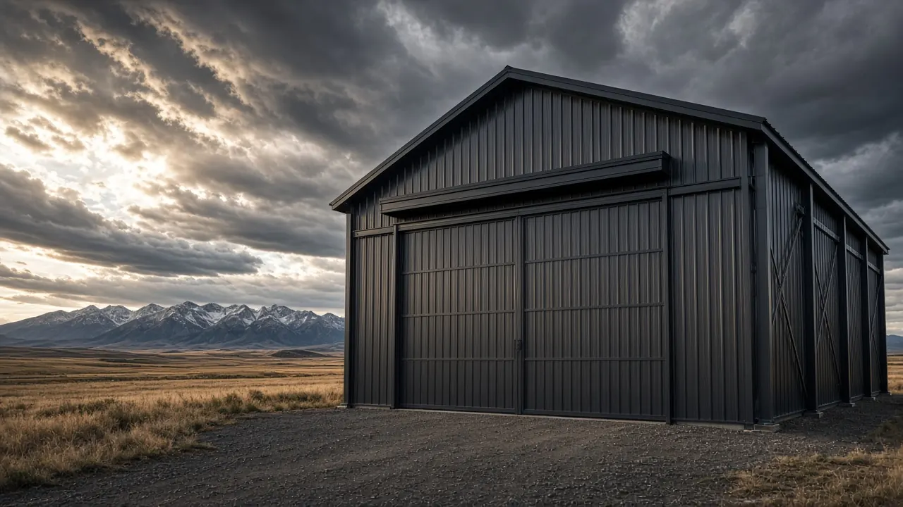 Design inspiration: dark metal barn with a tall sliding door beneath storm clouds.