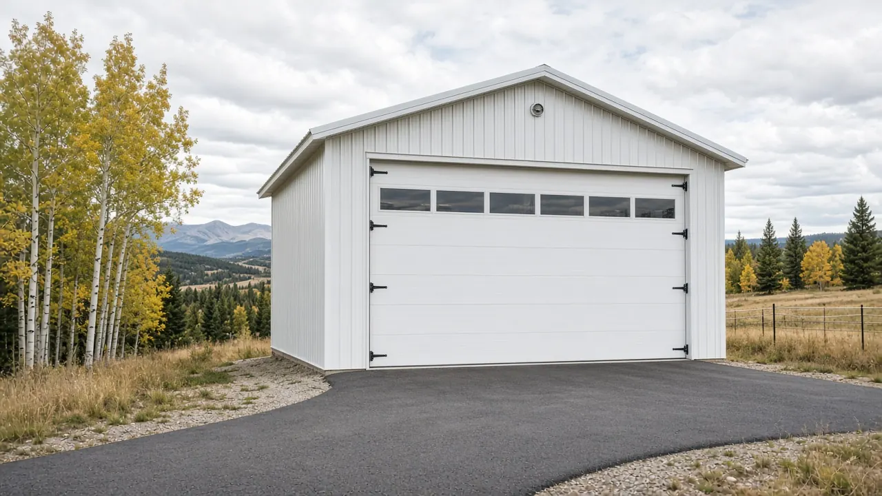 Design inspiration: small white detached garage beside an asphalt driveway and trees.