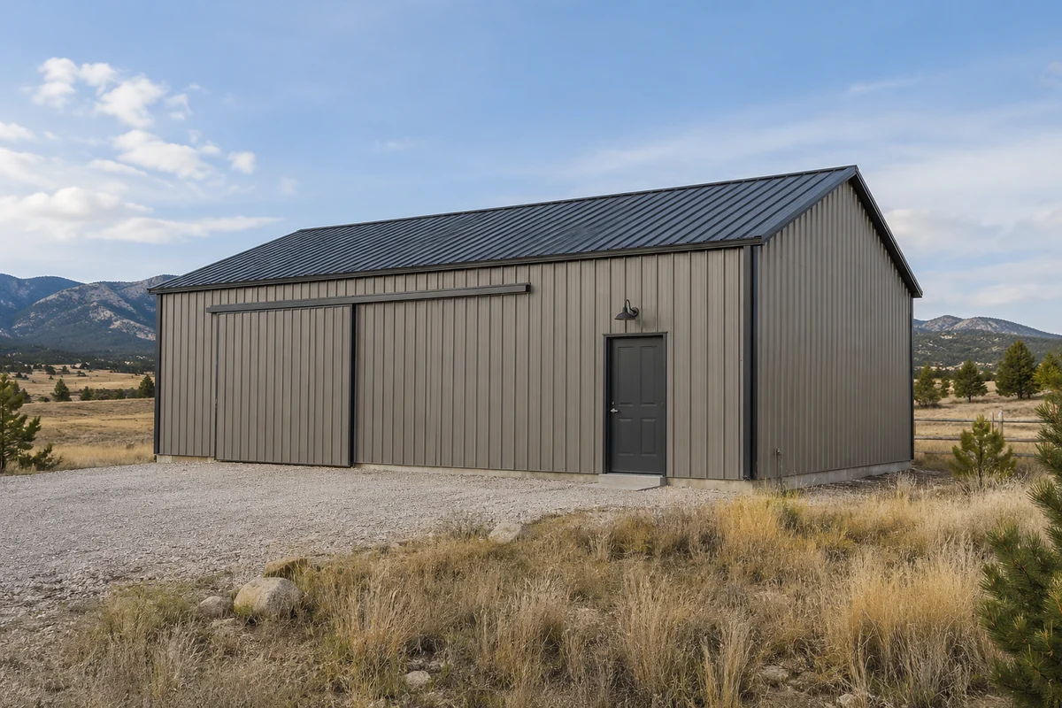 Design inspiration: Gray enclosed storage barn on Colorado acreage with a gravel approach.