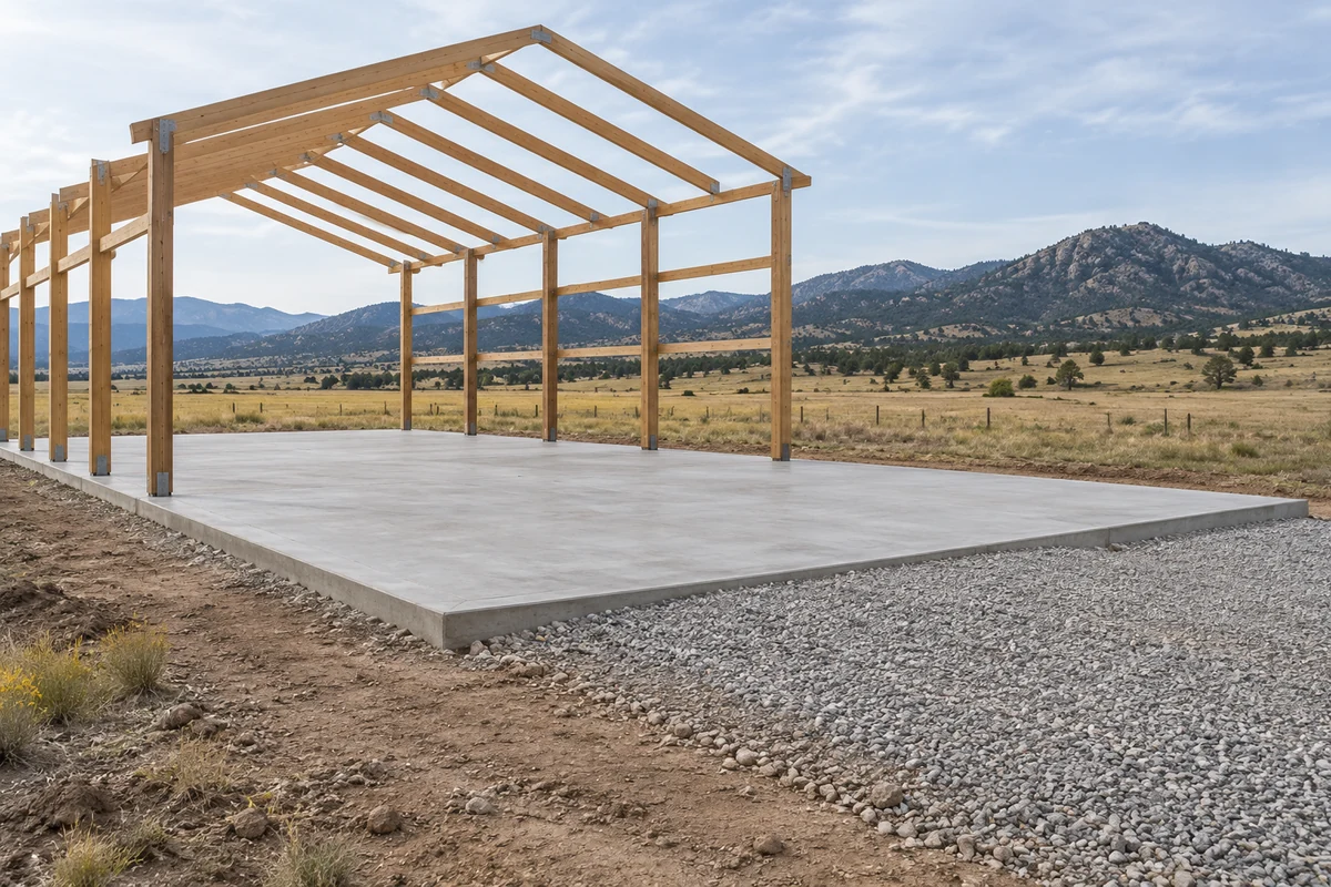 Design inspiration: Concrete slab, gravel approach and timber framing at a conceptual barn site.