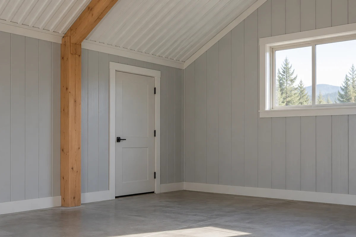 Design inspiration: Finished storage enclosure with lined walls, roof, window and pedestrian door.