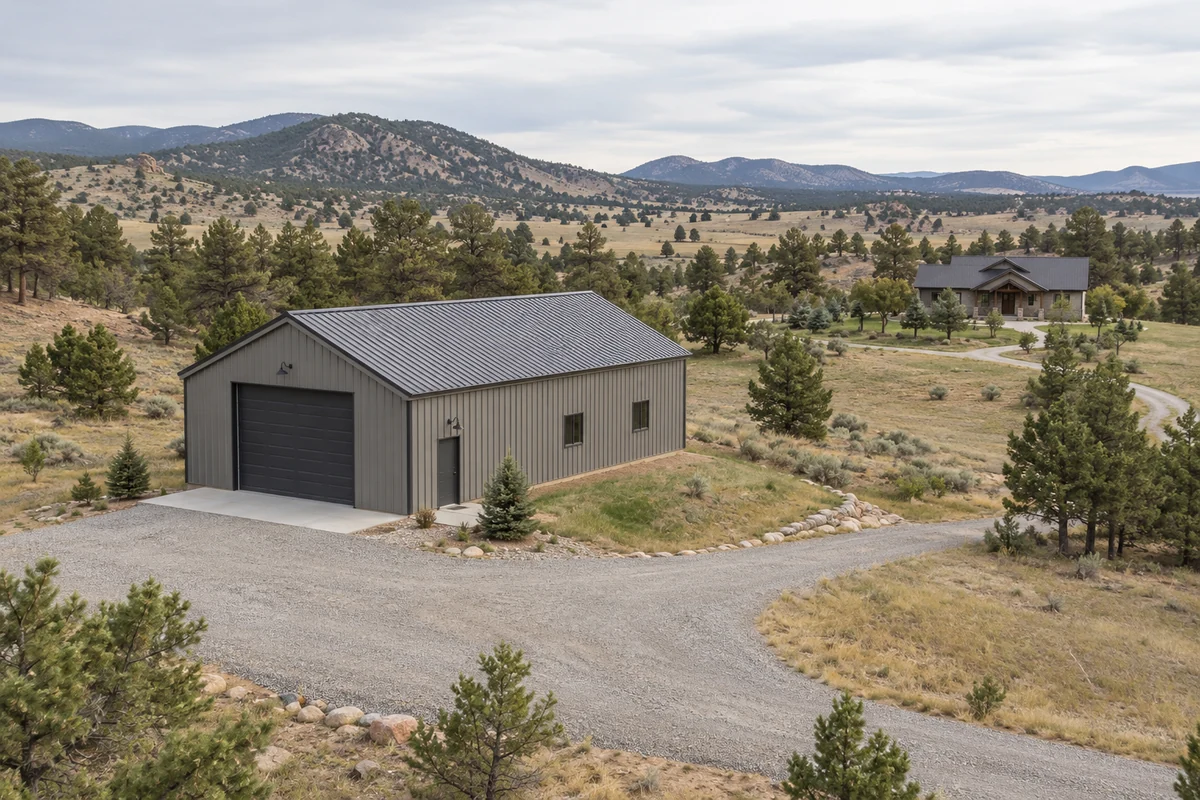 Design inspiration: Detached storage barn and a separate house connected by gravel access on acreage.