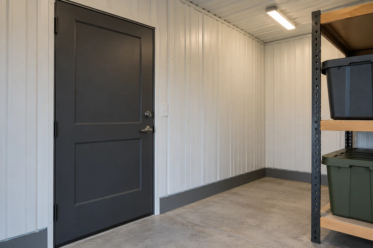 Design inspiration: Storage entry with door hardware, lined walls, utility lighting and shelving.