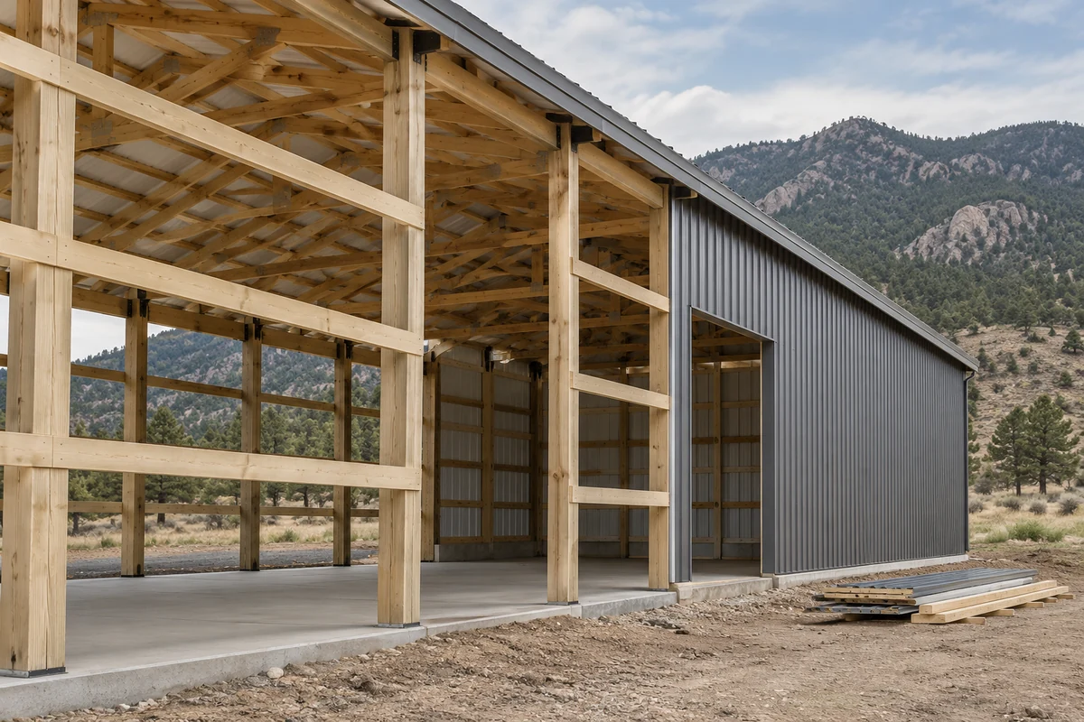 Design inspiration: Partially enclosed timber storage barn with gray siding and stacked materials.