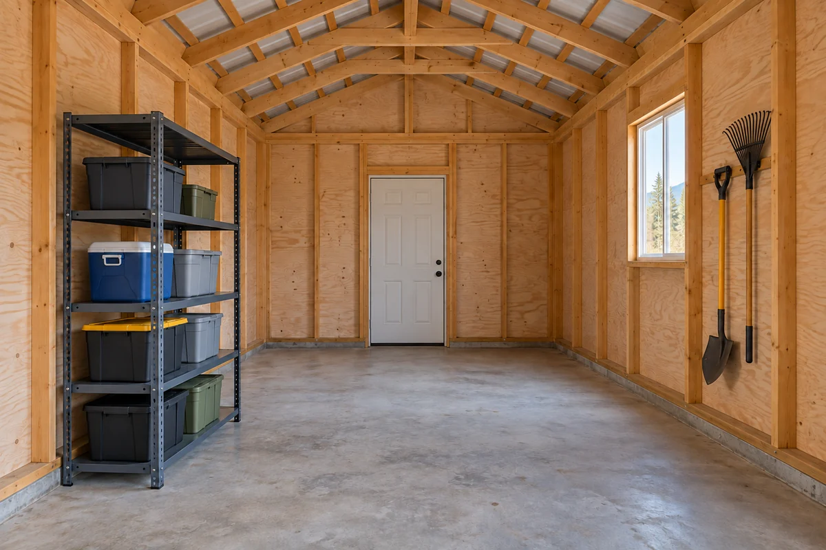 Design inspiration: wood-framed storage interior with shelving, bins and a closed end door.
