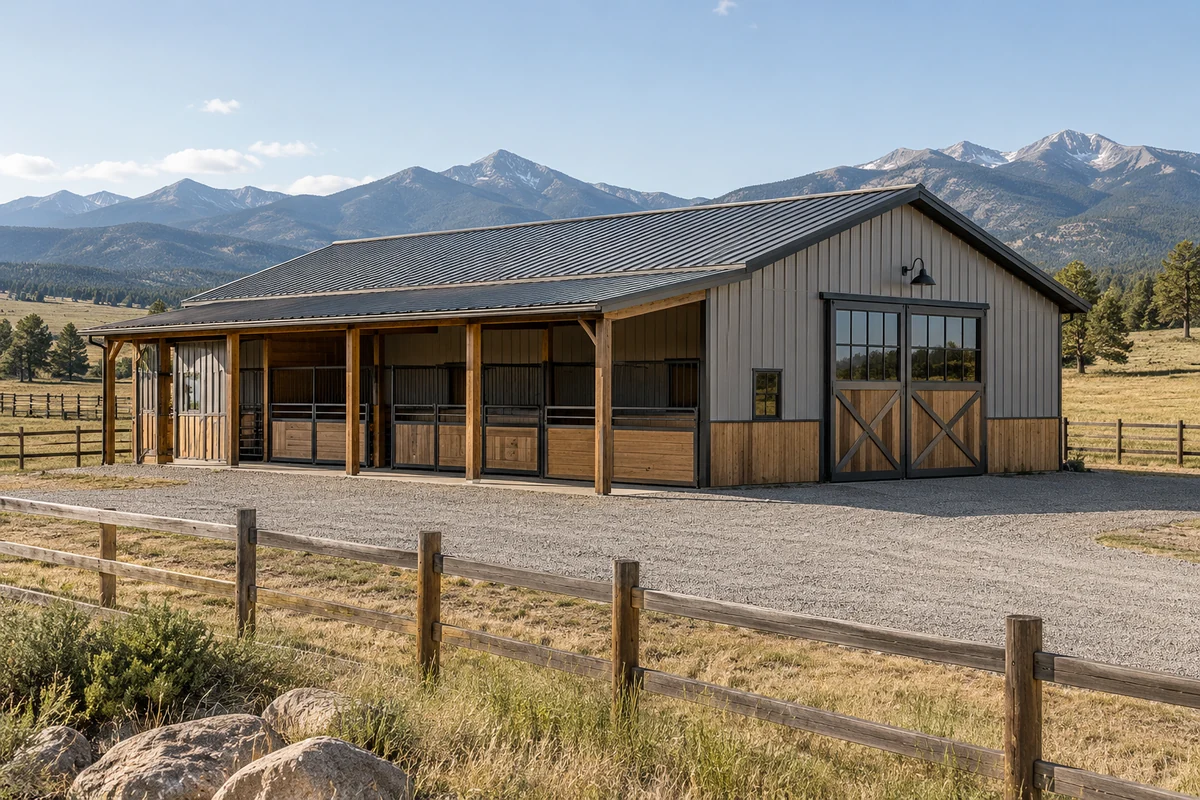 Design inspiration: metal-clad agricultural barn with a covered side aisle beside a fenced paddock.