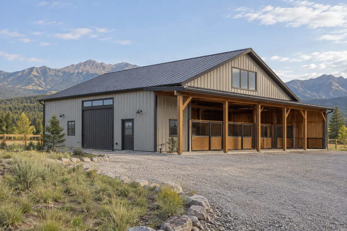 Design inspiration: gray agricultural building with an enclosed bay and timber-supported shelter.
