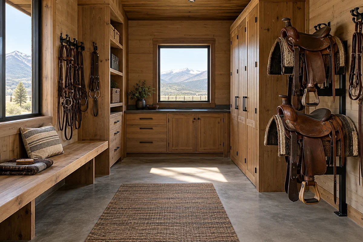 Colorado Tack Room Design Inspiration | Colorado Pole Barns Design inspiration: wood-lined tack room with saddle racks, cabinetry and a bench.