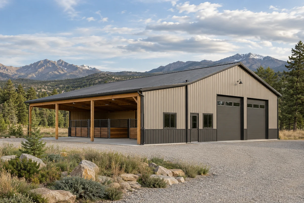 Design inspiration: metal commercial building with overhead doors and a covered side bay.