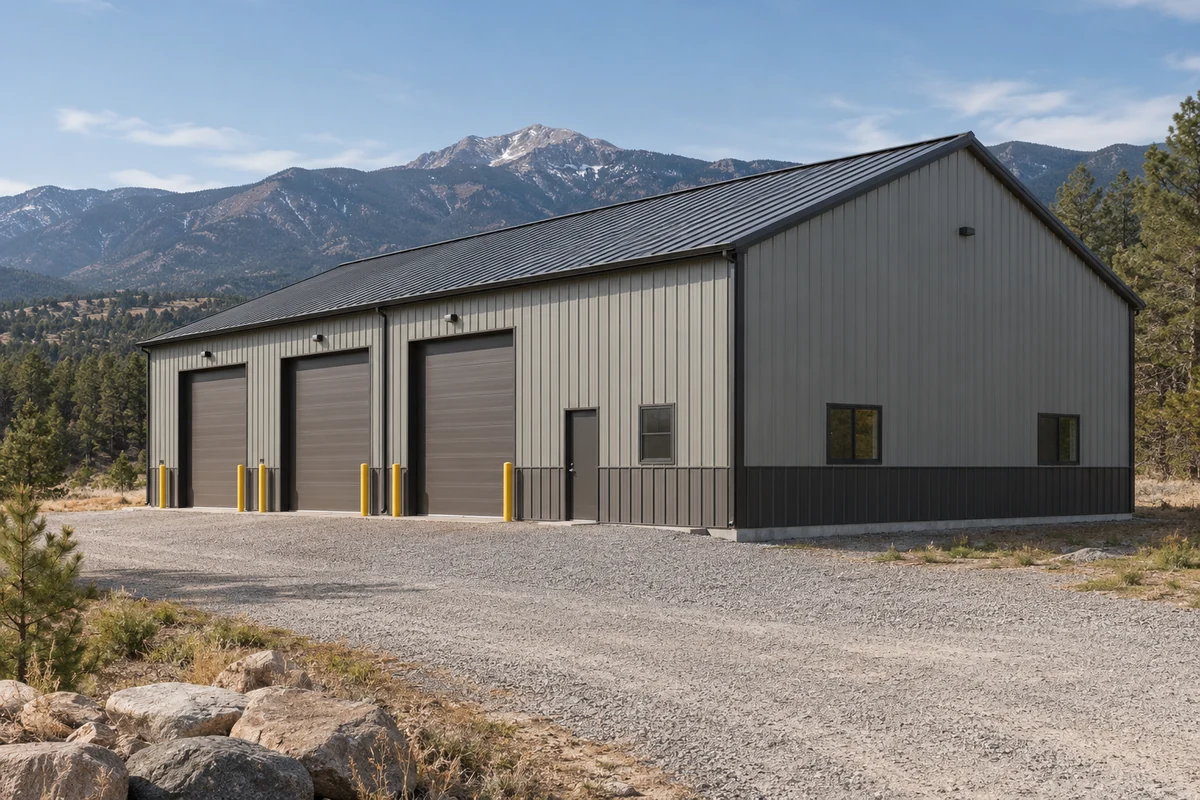 Design inspiration: long metal storage building with several overhead doors along a gravel approach.