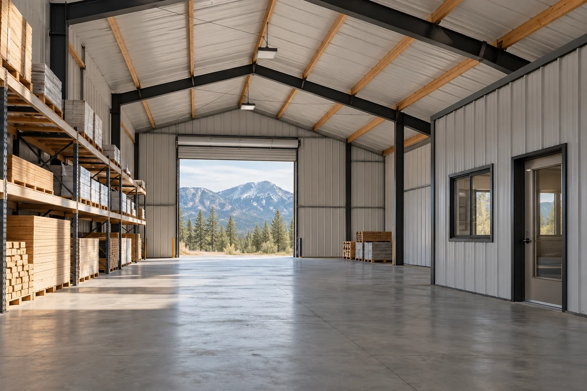 Design inspiration: tall warehouse interior with exposed framing, shelving and a concrete floor.