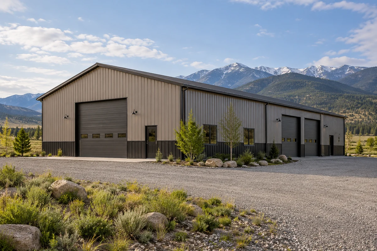 Design inspiration: large metal storage building with multiple vehicle bays and exterior landscaping.