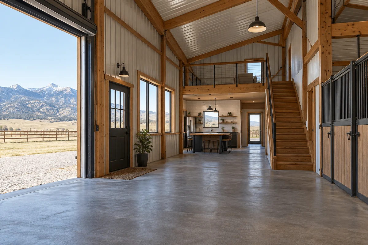 Design inspiration: open building interior with exposed timber framing, stairs and a wide vehicle opening.