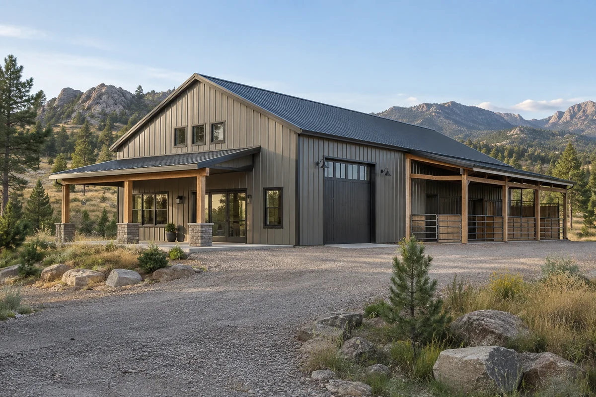 Design inspiration: dark metal building with tall garage doors and a covered timber entry.