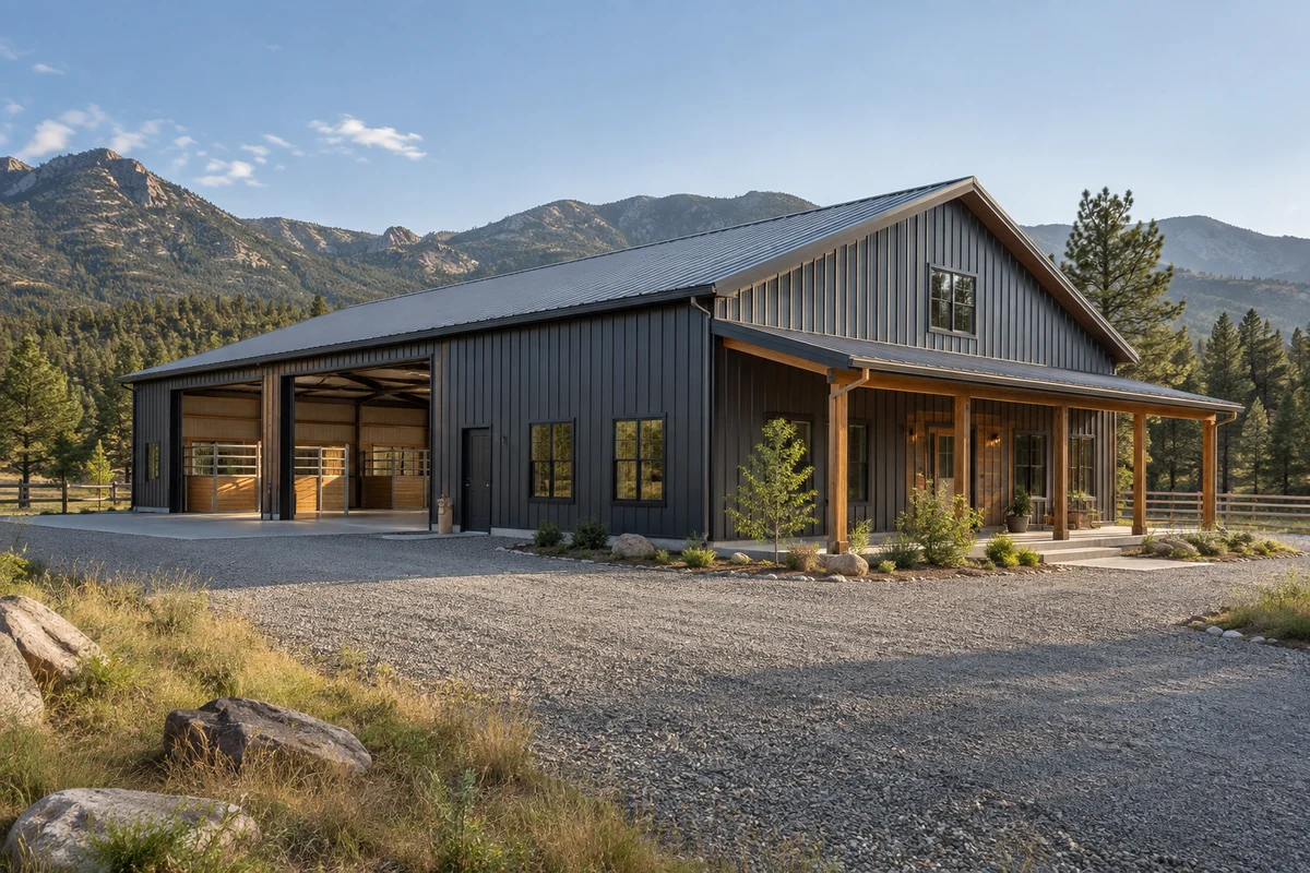 Design inspiration: metal-clad barn with a deep timber porch and landscaped approach.