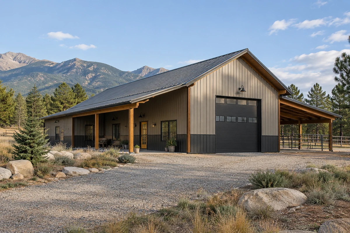 Design inspiration: gabled building with a tall garage door and covered side extensions.