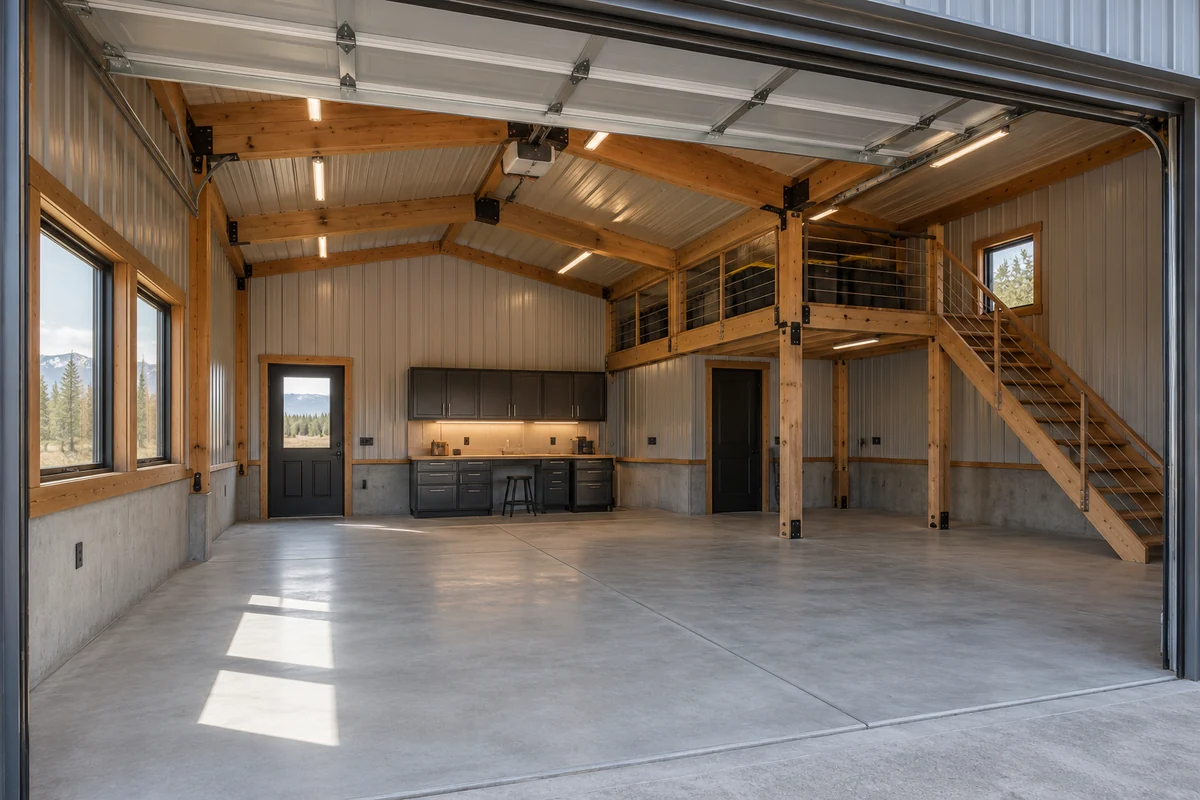 Design inspiration: garage interior with exposed beams, a concrete floor and stairs to a loft.