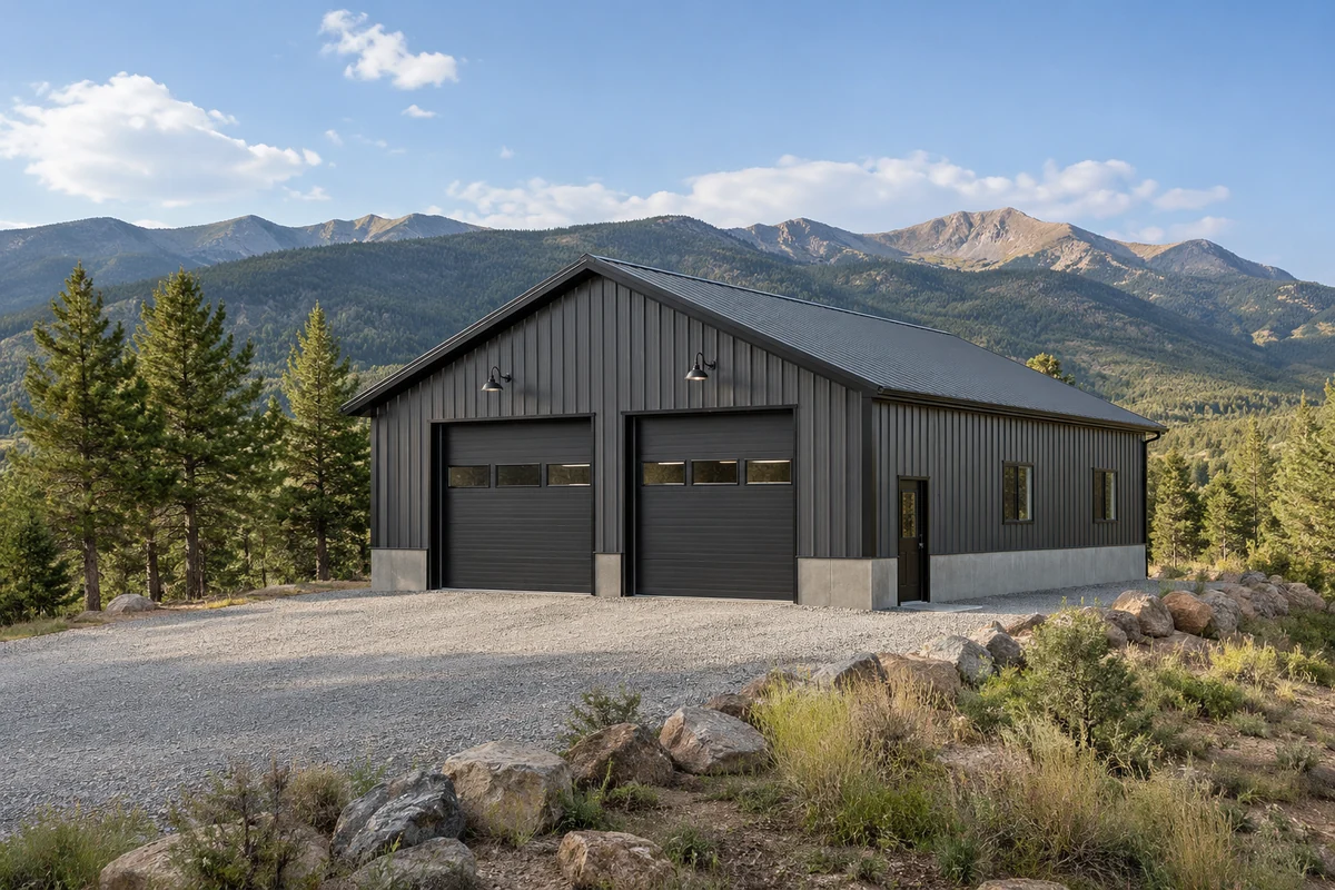 Design inspiration: dark detached garage with two overhead doors and a gravel forecourt.