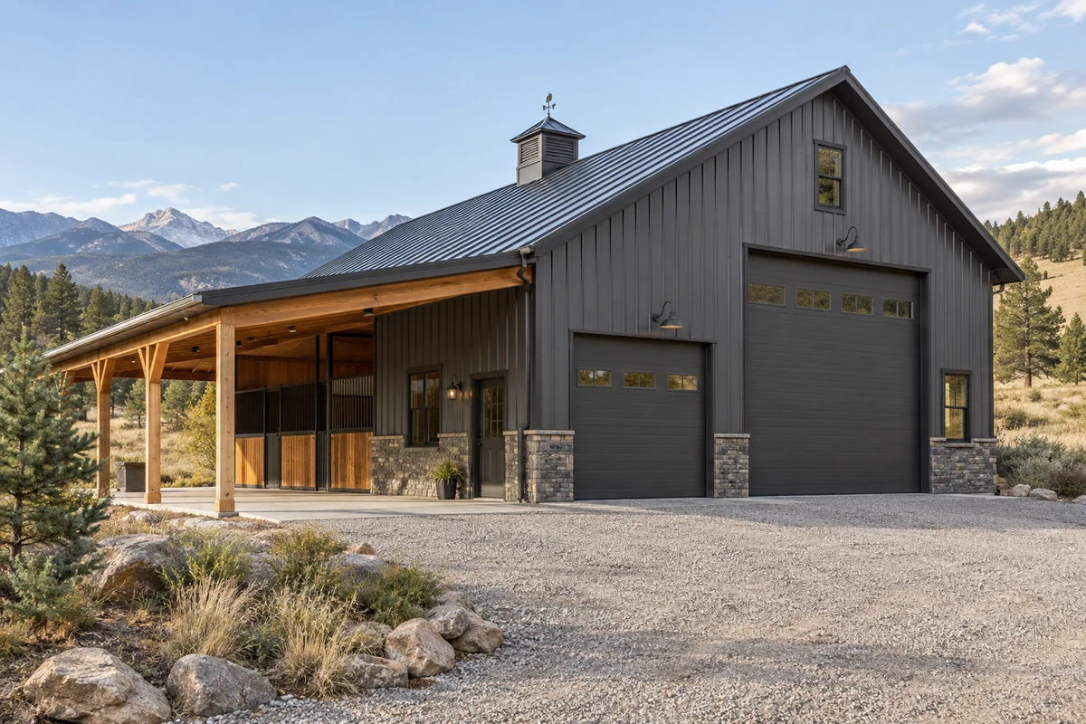 Design inspiration: garage with a covered timber porch, tall doors and a roof cupola.