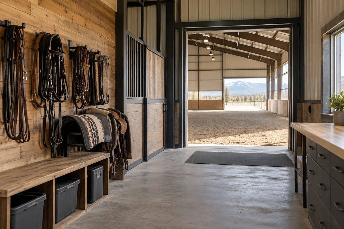 Design inspiration: tack storage beside a barn aisle opening toward a paddock.