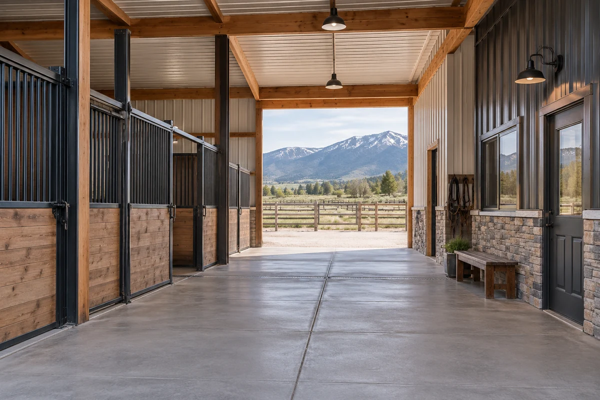 Design inspiration: timber-framed stable aisle with stalls, a wash area and mountain views.