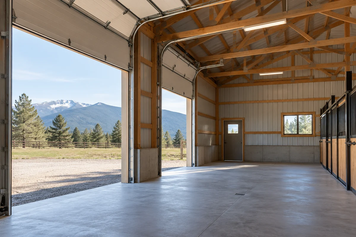 Design inspiration: open equipment-barn interior with exposed framing and a wide vehicle entrance.