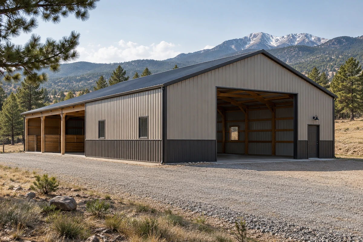 Design inspiration: metal equipment building with a broad open bay and a covered side aisle.