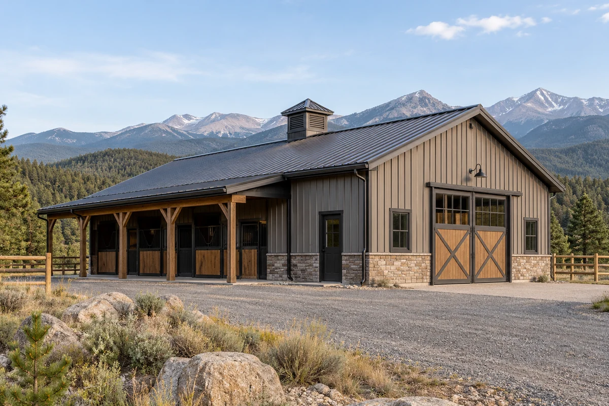 Design inspiration: horse barn with wood stall doors, a covered aisle and a roof cupola.
