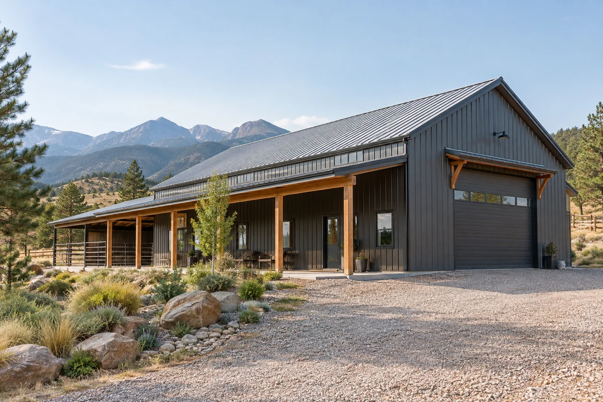 Design inspiration: metal building with a covered porch and two enclosed vehicle bays.