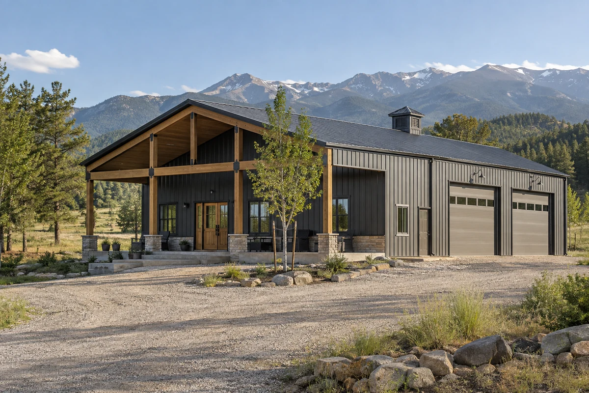 Design inspiration: metal-clad building with a broad timber porch overlooking a mountain landscape.