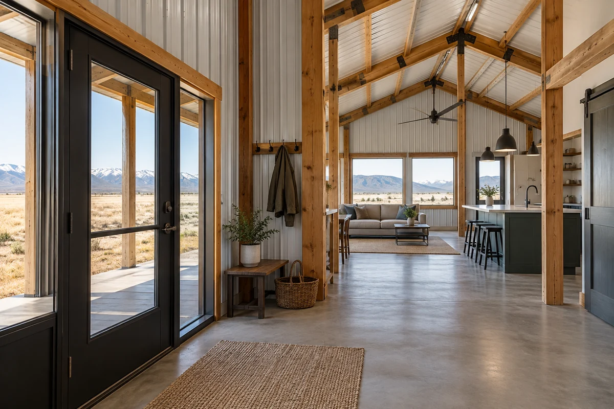 Design inspiration: timber-framed interior with tall glazed doors and an open living space.
