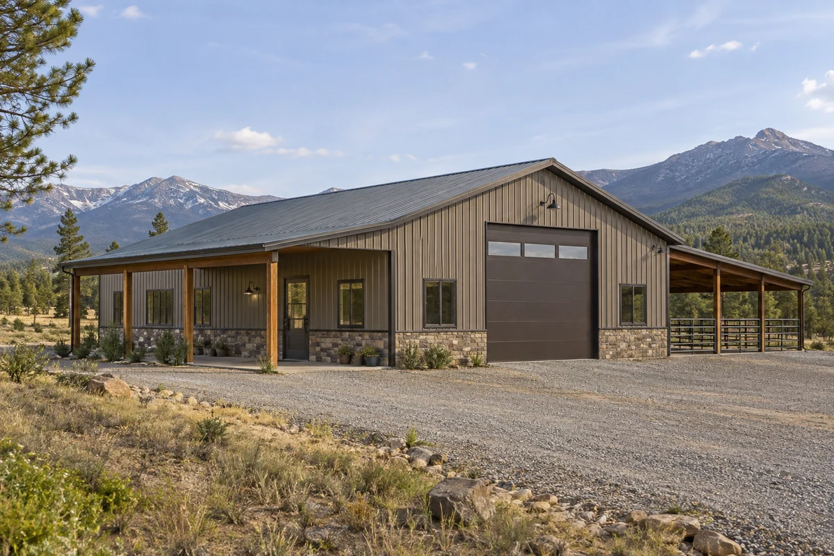 Design inspiration: low metal barn with a covered side porch and an enclosed end bay.