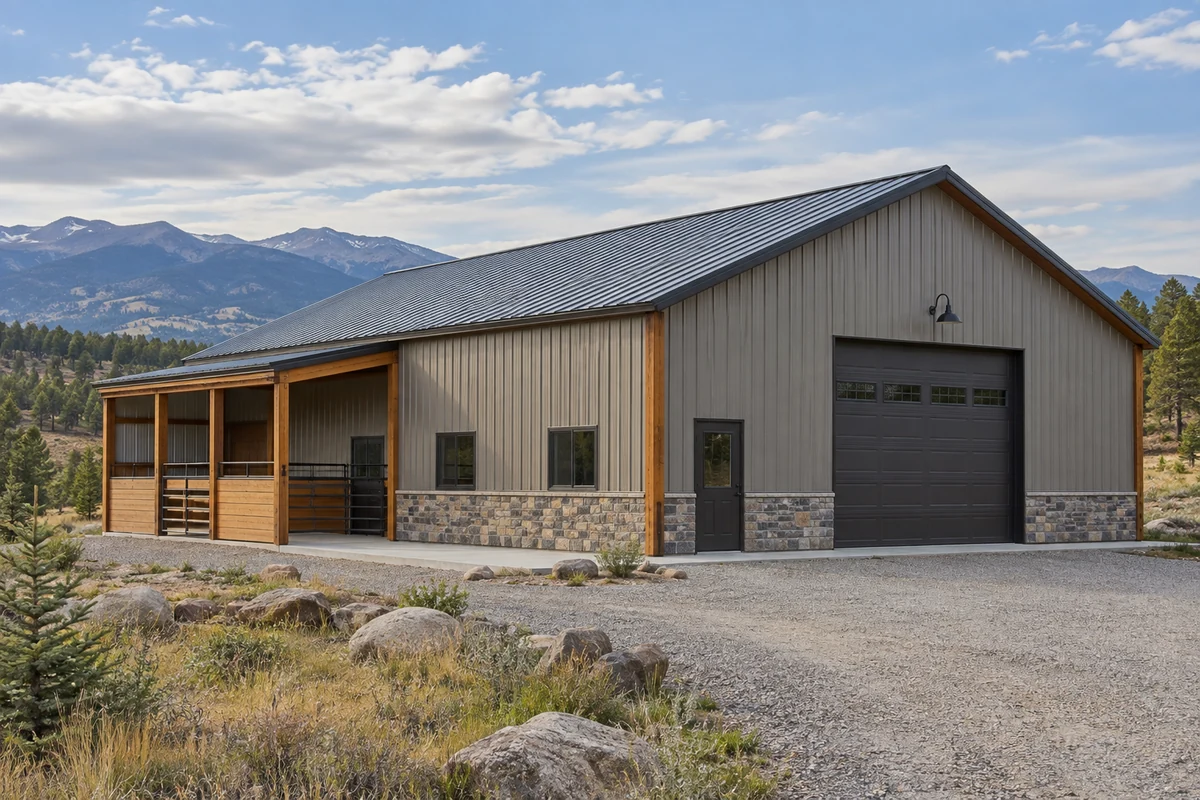 Design inspiration: simple gabled metal barn with a broad overhead door.